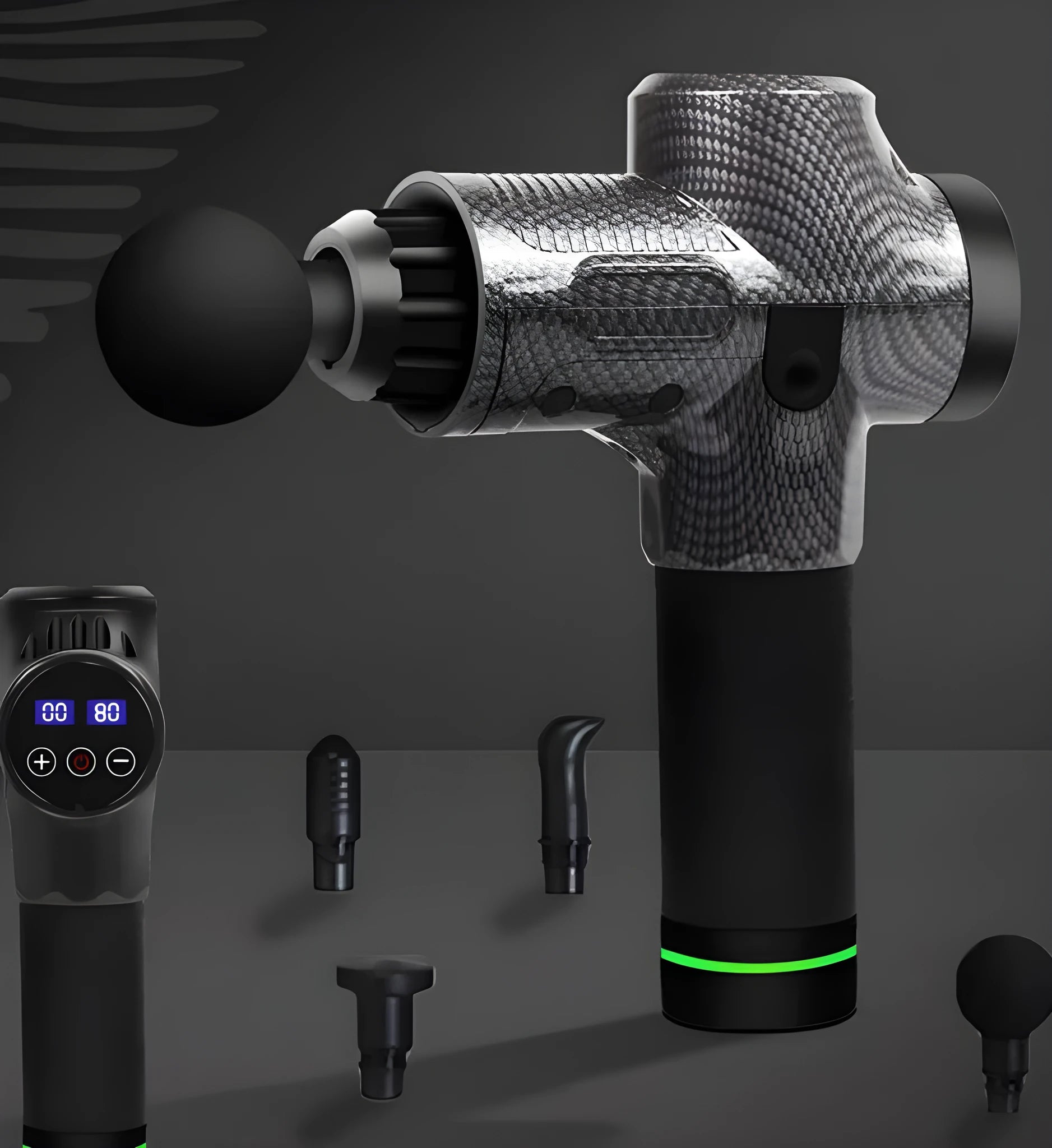 Black electric muscle massage gun with multiple attachment heads on grey background