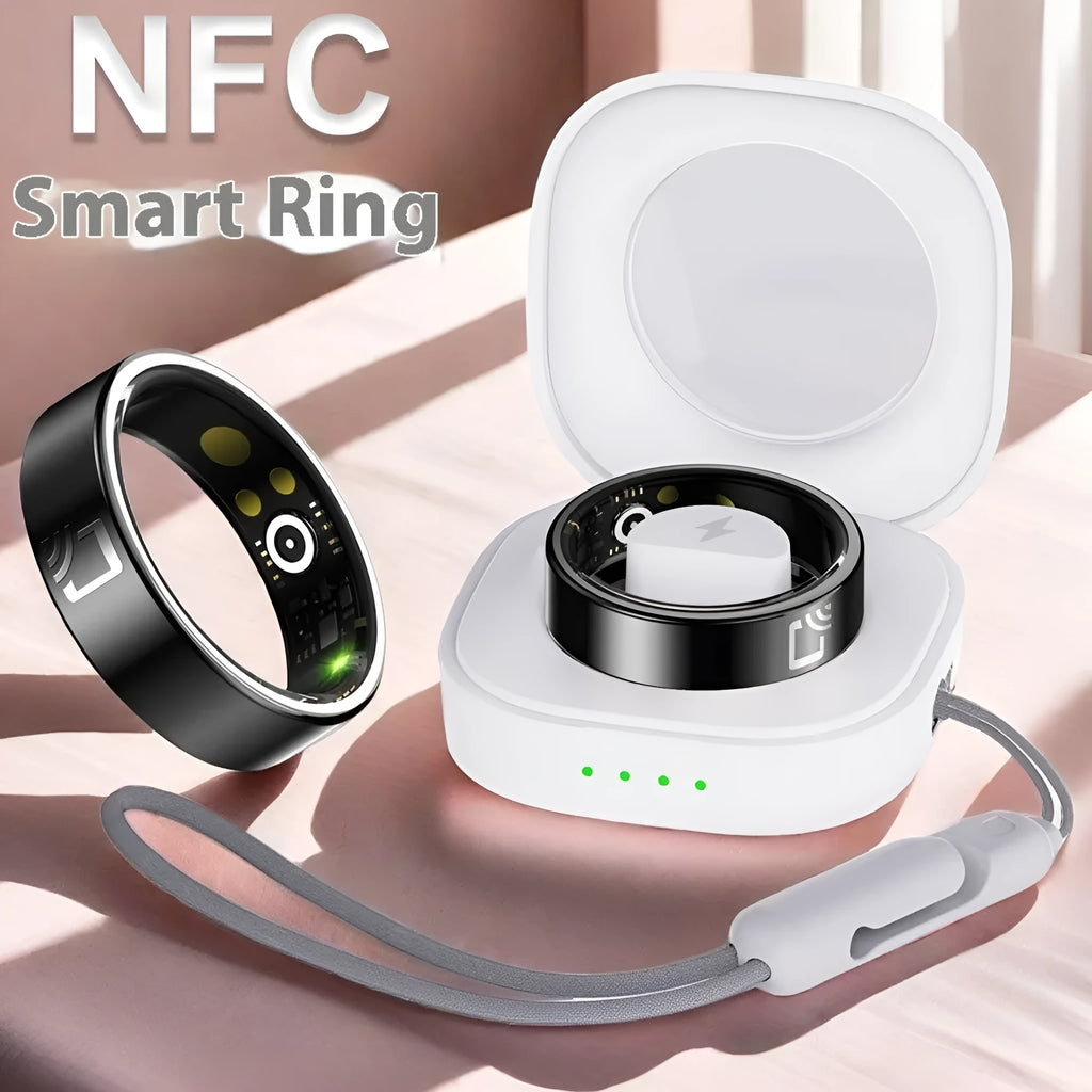 Black ceramic smart ring for heart rate, blood oxygen, and sleep monitoring on a finger.