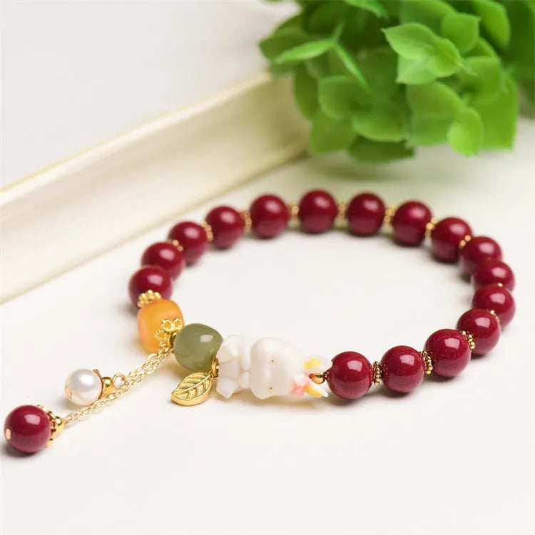Natural cinnabar bracelet with rabbit charm in national style, purple-gold sand colour, 8mm or 10mm size option