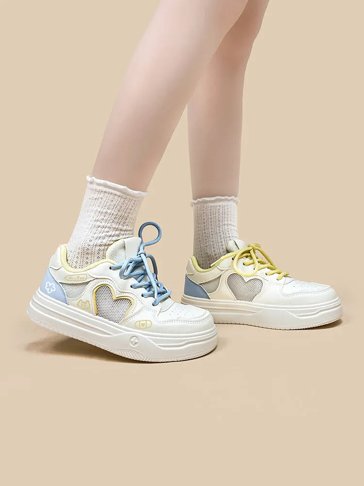 Korean mesh sneakers in Meow Rabbit Sea Salt Cheese colour with thick rubber sole and lace-up closure