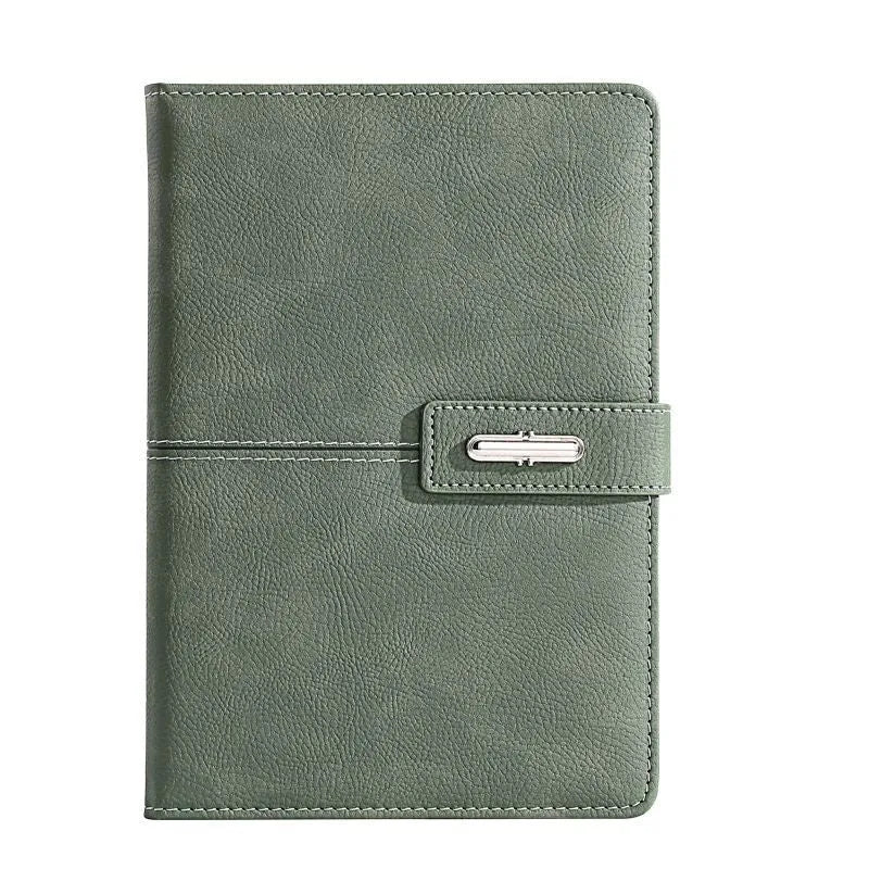 A5 notebook with PU leather cover open on wood-free paper, showing colour options of black, red, green, blue, orange, and tan.