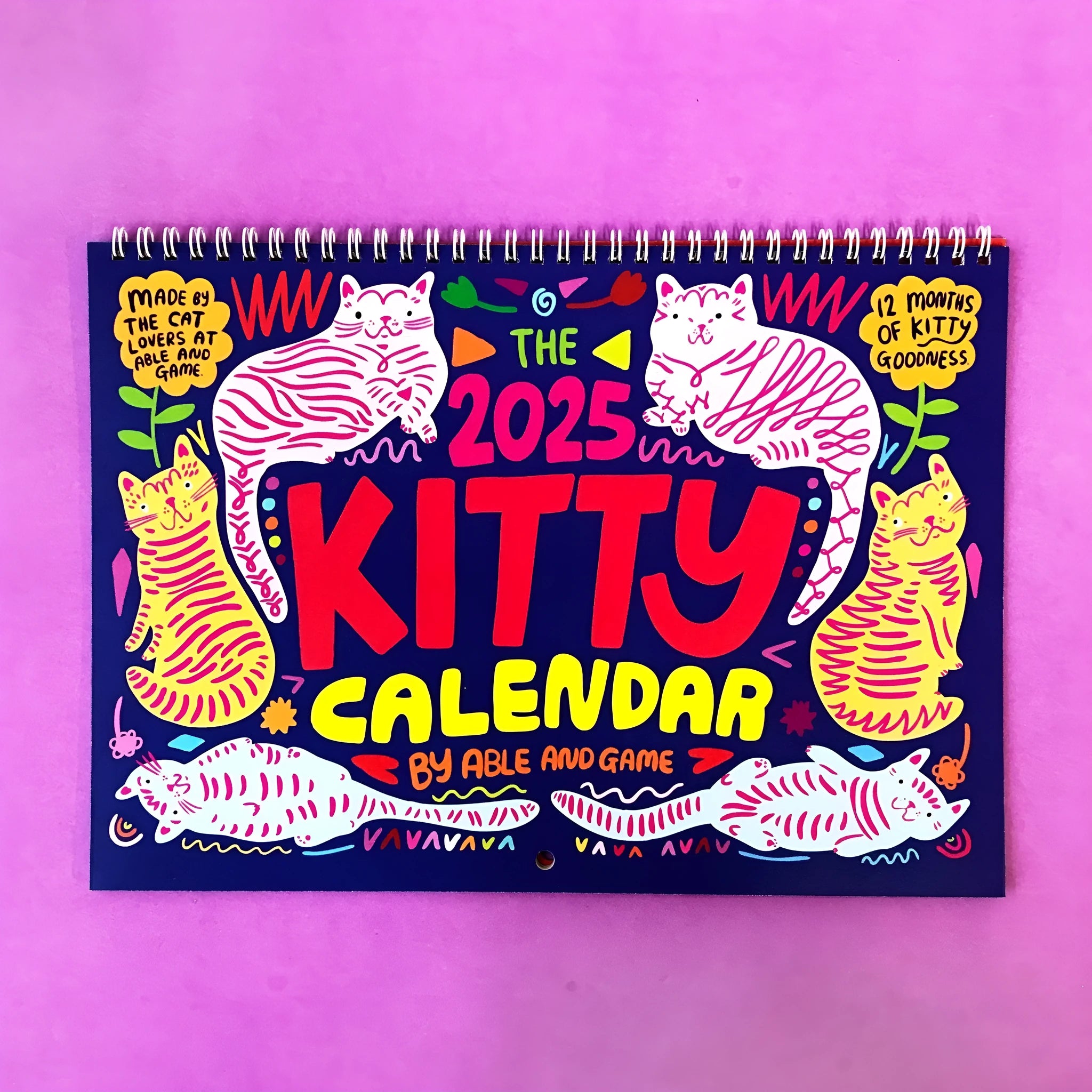 Cat themed wall planner calendar for 2024 or 2025 on a single sheet of paper