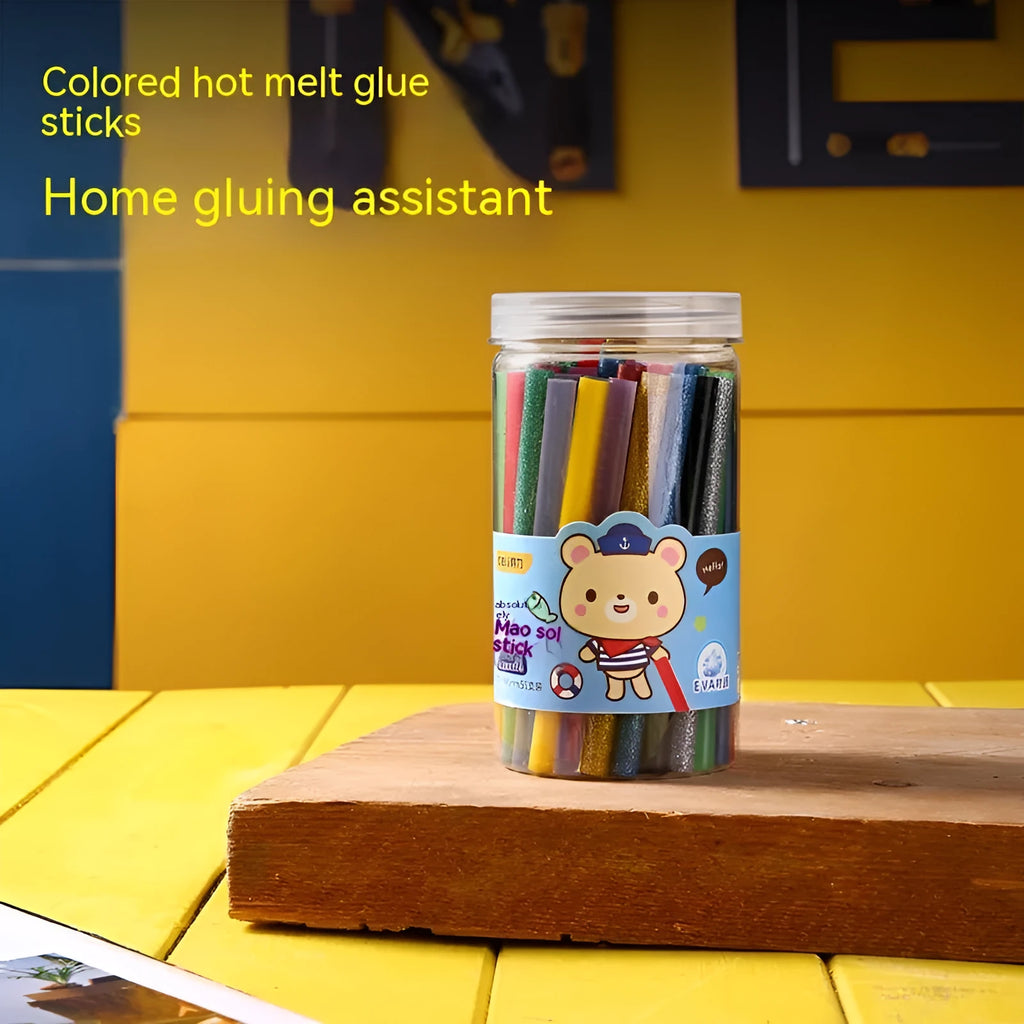 Pack of 55 clear hot melt glue sticks showing 7mm diameter and 100mm length.