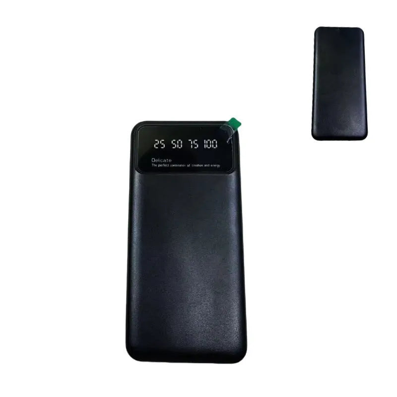 Black ultra-thin power bank showing compact design with dimensions 67x14x140 mm