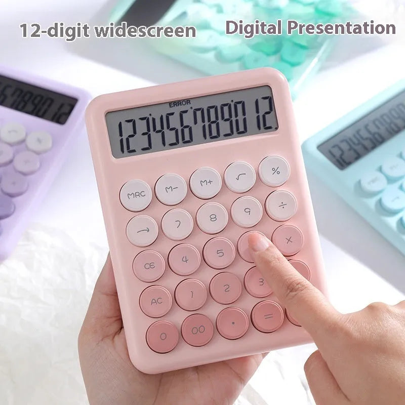 Desktop calculator with gradient colour options including violet, pink, blue and mint green