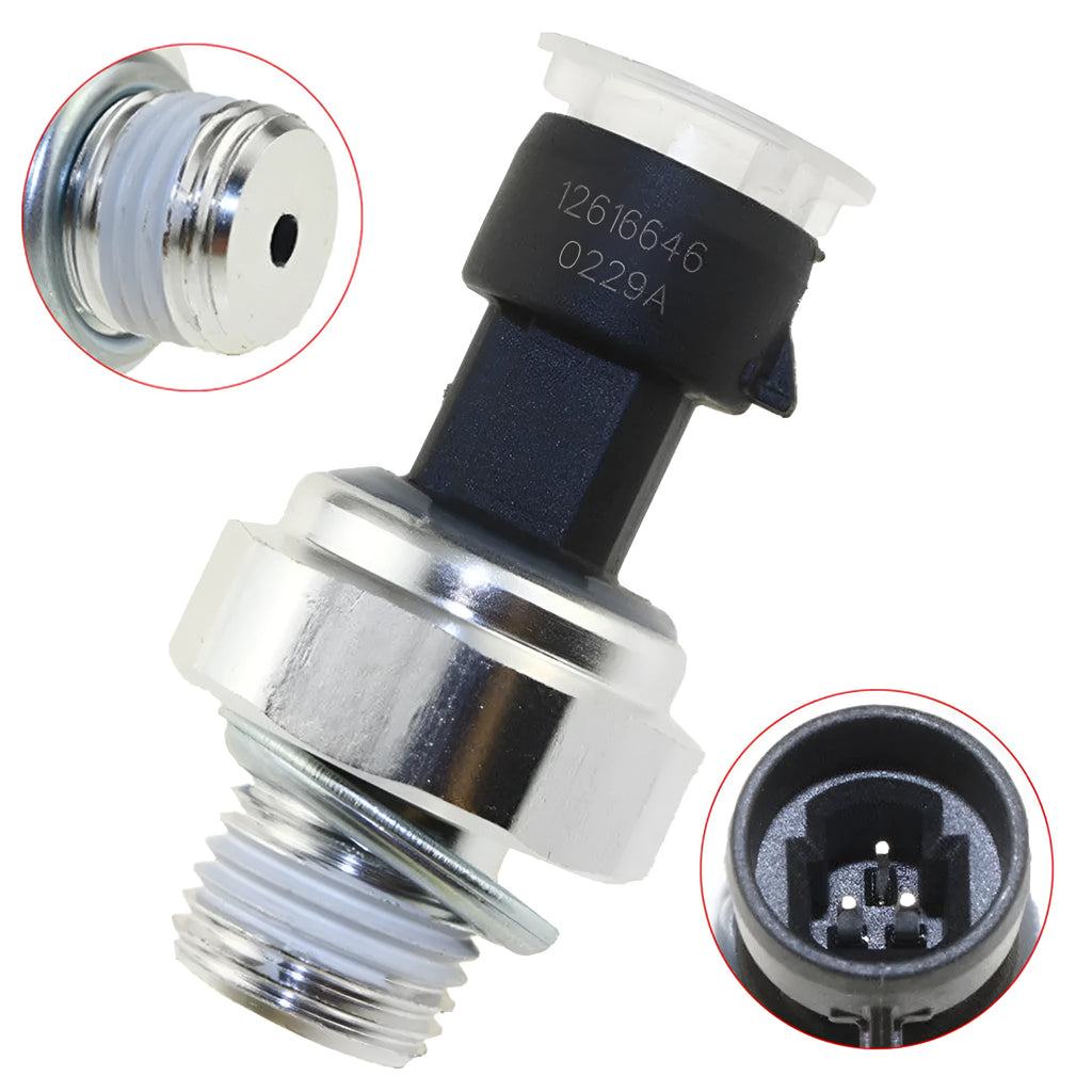 GM oil pressure sensor for Buick and Chevrolet vehicles with part numbers visible
