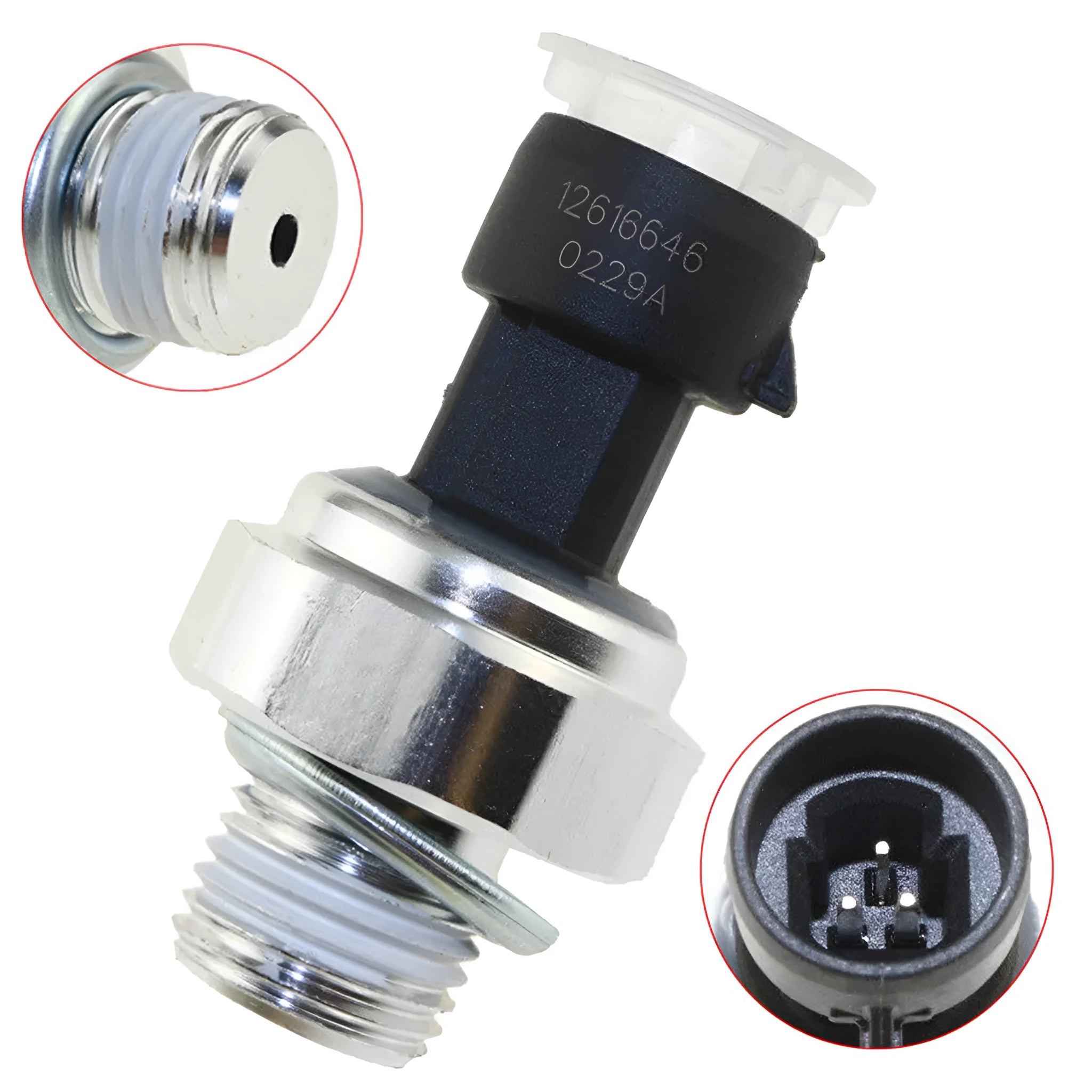 GM oil pressure sensor for Buick and Chevrolet vehicles with part numbers visible
