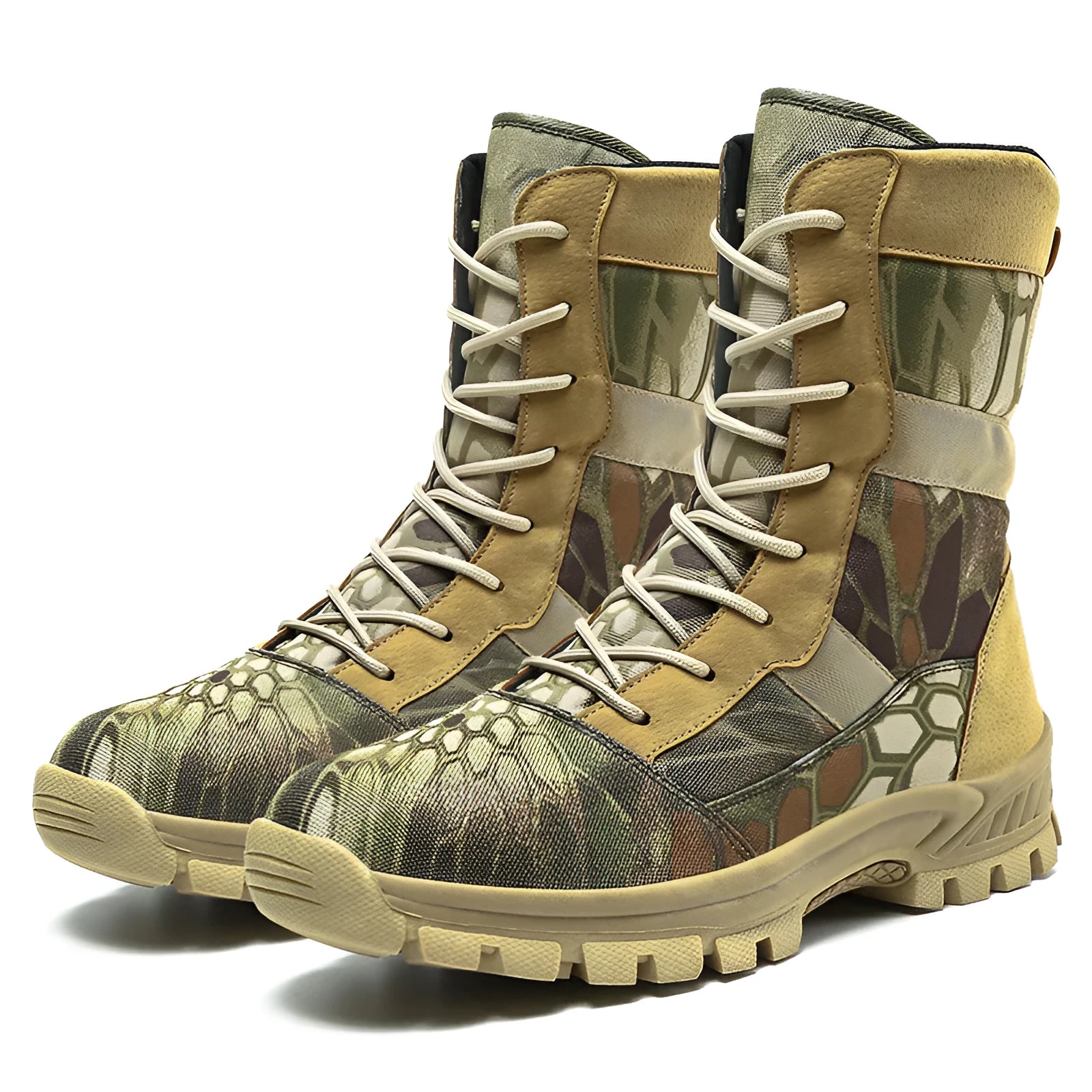 Men's black and camouflage high-top combat boots with mesh upper and totem detailing.