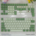 Full set of 124 matcha green PBT keycaps for a mechanical keyboard, showing various international layout options.