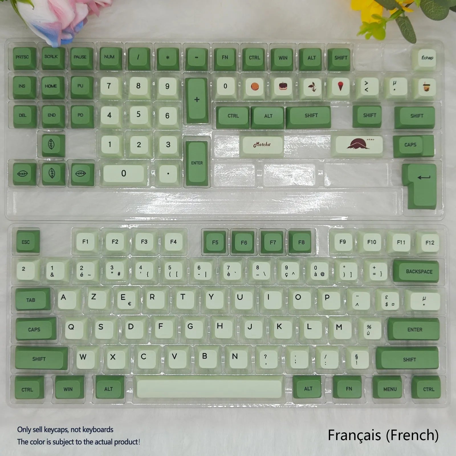 Full set of 124 matcha green PBT keycaps for a mechanical keyboard, showing various international layout options.
