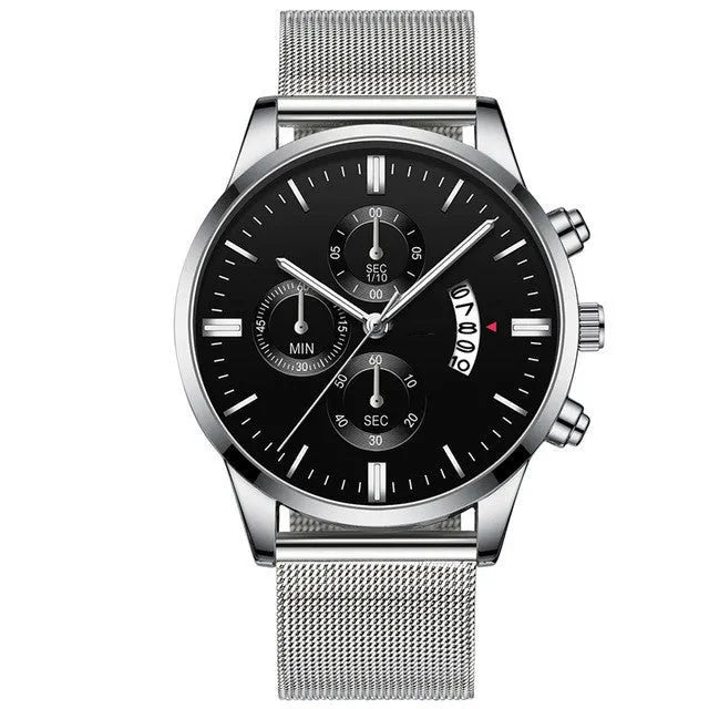 Mens stainless steel quartz watch with mesh band in two-tone colour options.