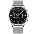 Mens stainless steel quartz watch with mesh band in two-tone colour options.