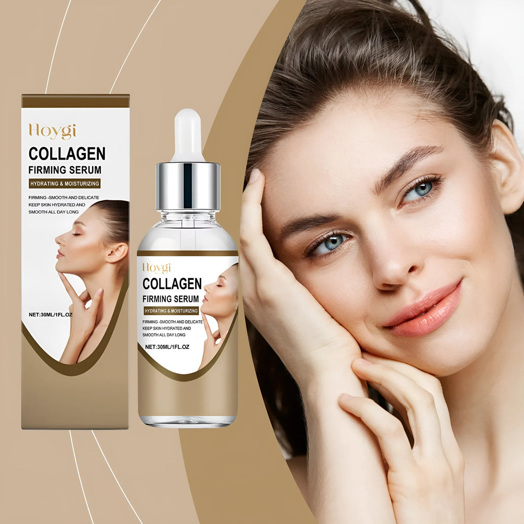 Collagen firming care solution 30ml container showing 2.8cm × 2.8cm × 10.3cm dimensions with hyaluronic acid and glycerol formula