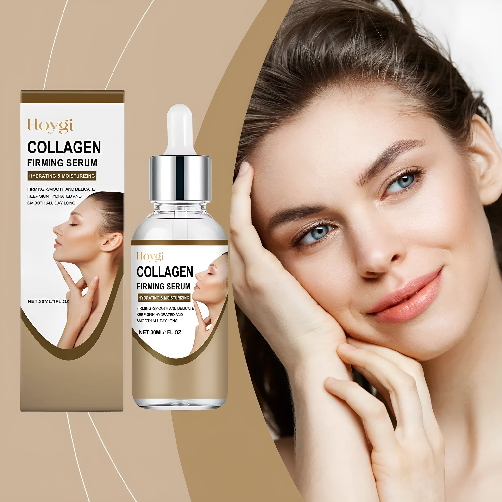Collagen firming care solution 30ml container showing 2.8cm × 2.8cm × 10.3cm dimensions with hyaluronic acid and glycerol formula