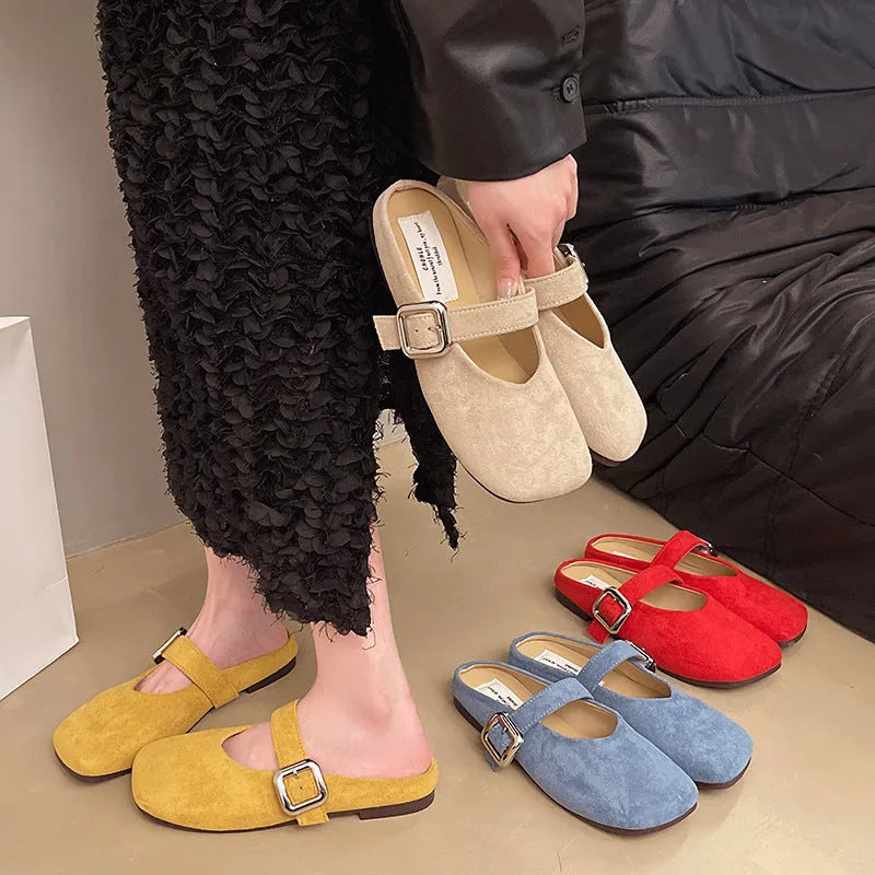 Women's flat closed toe half slippers in PU material with square toe design and rubber sole