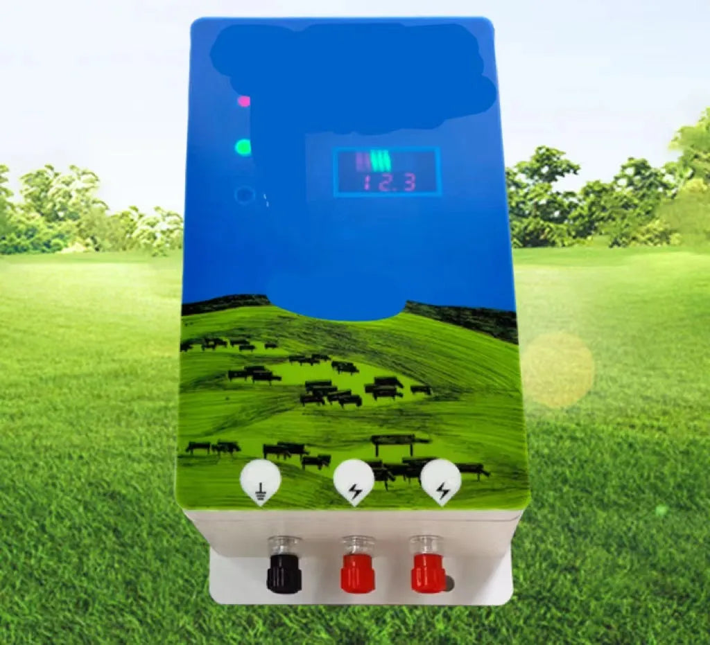 Pasture electronic host unit for high voltage pulse breeding grid fence system with display.