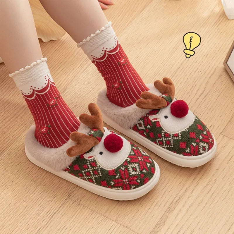 Cute Christmas elk plush slippers in red with colour block embroidery design