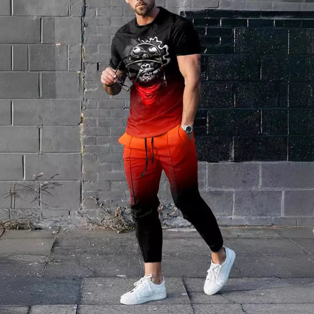 Man wearing a printed short-sleeve T-shirt and matching trousers from a polyester sports set.