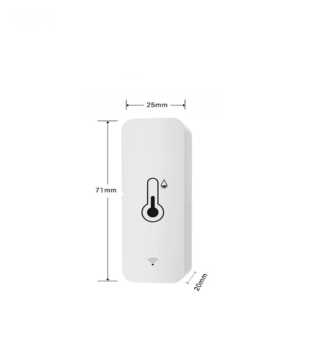 White WiFi temperature and humidity sensor with ABS plastic housing measuring 72mm x 25mm x 20mm
