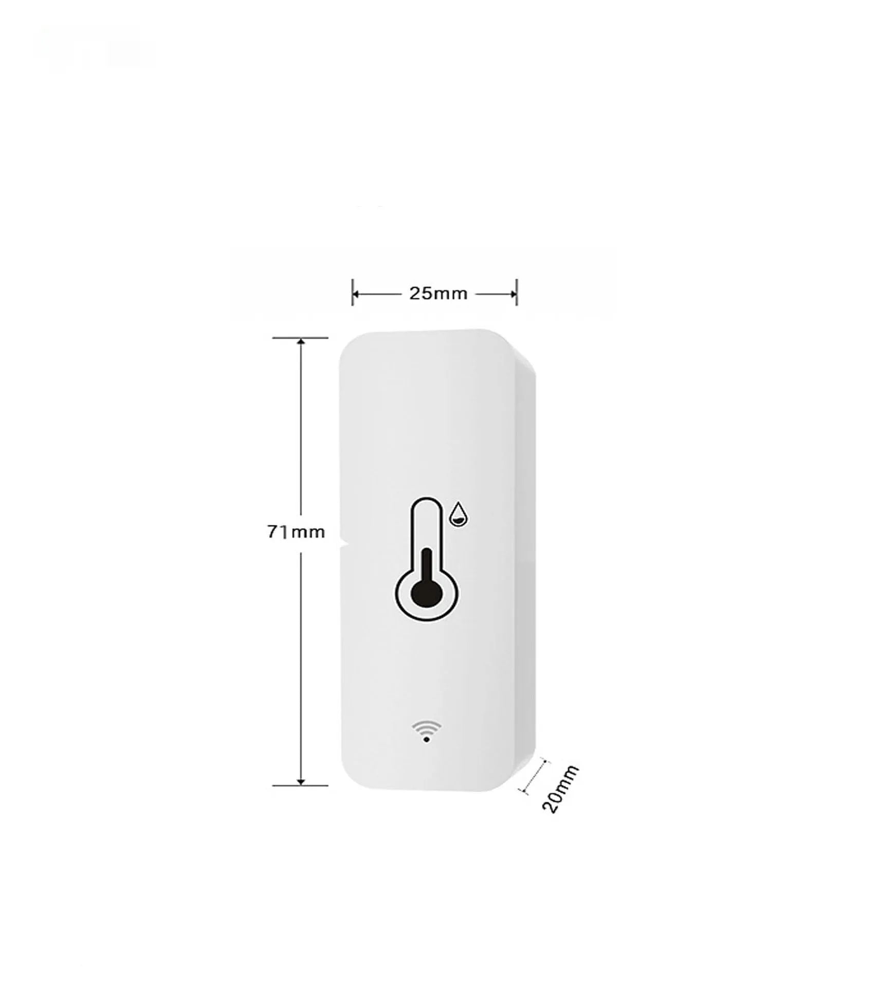 White WiFi temperature and humidity sensor with ABS plastic housing measuring 72mm x 25mm x 20mm