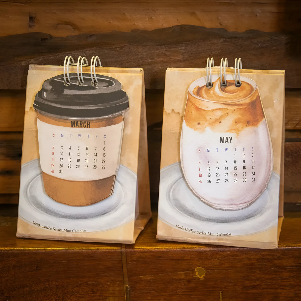 Coffee mini desk calendar 2025 set showing four different themed designs