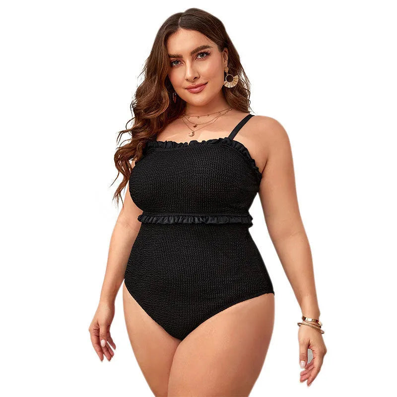 Black plus size women's triangle swimsuit with double shoulder straps