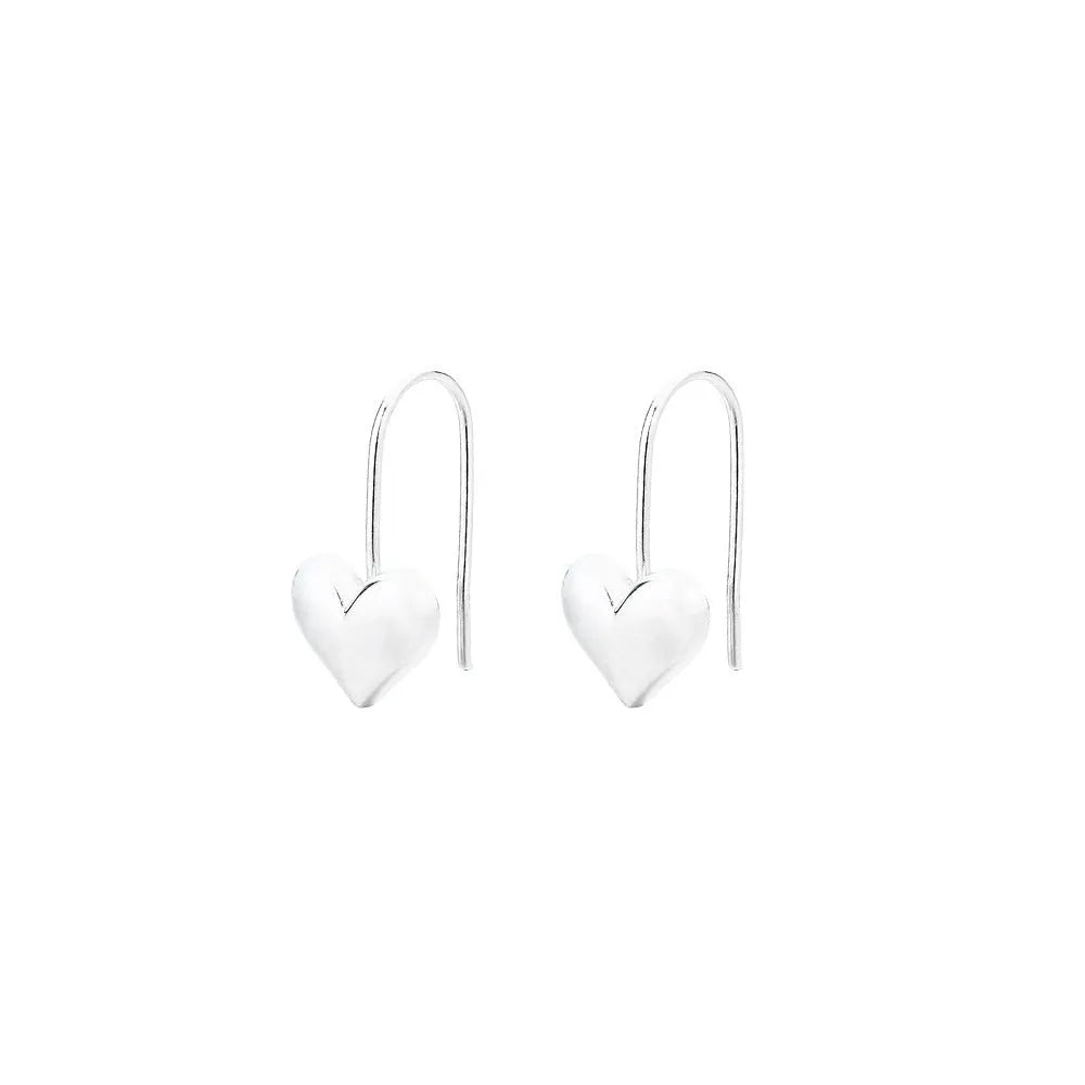 Women's silver heart-shaped earrings with glossy three-dimensional Korean-style design
