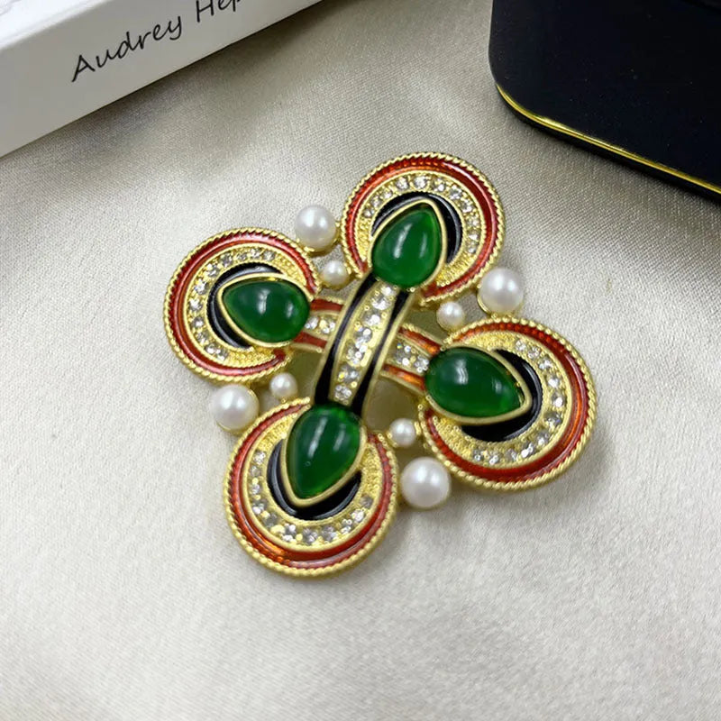 Baroque cross crystal brooch in zinc alloy with medieval design on dark background