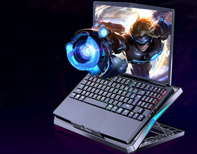 Foldable laptop cooler with metal mesh surface and six fans in black