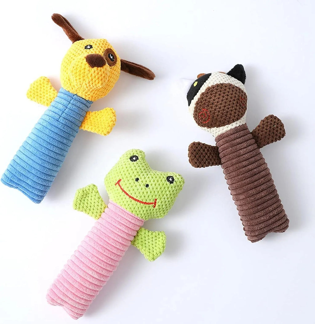 Dog squeaky chew toy in stuffed animal shape for dental cleaning and teething relief