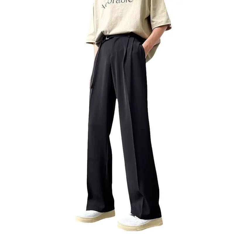 Thin straight black wide leg casual pants with loose fit and straight leg opening