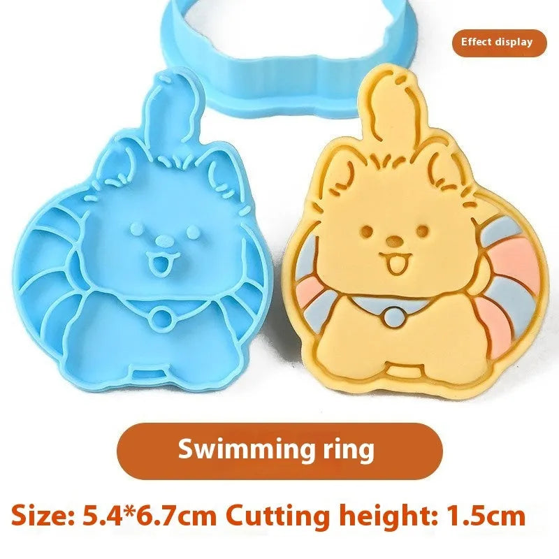 Plastic 3D cartoon puppy biscuit mould showing seven style variations including birthday hat and swimming ring designs