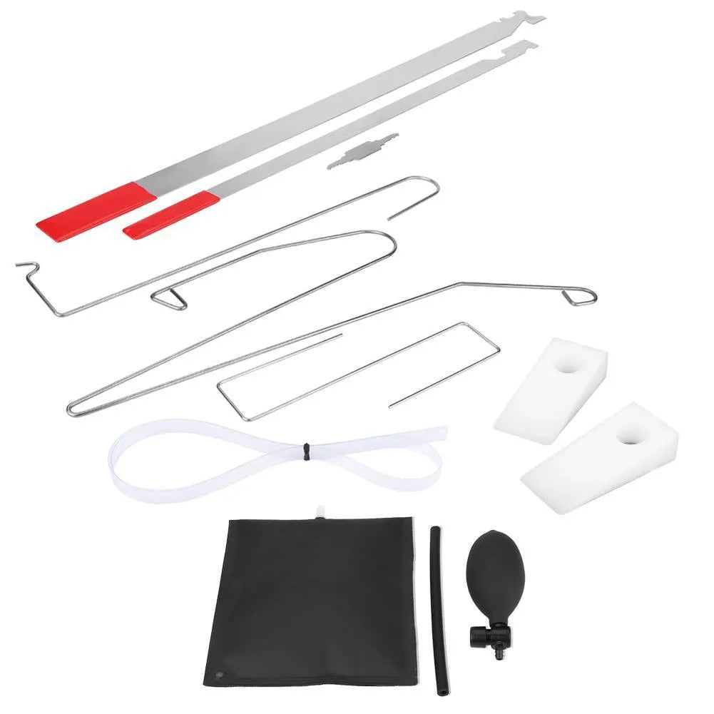 9-piece automotive emergency tool set with air pump wedge and plastic pry tools