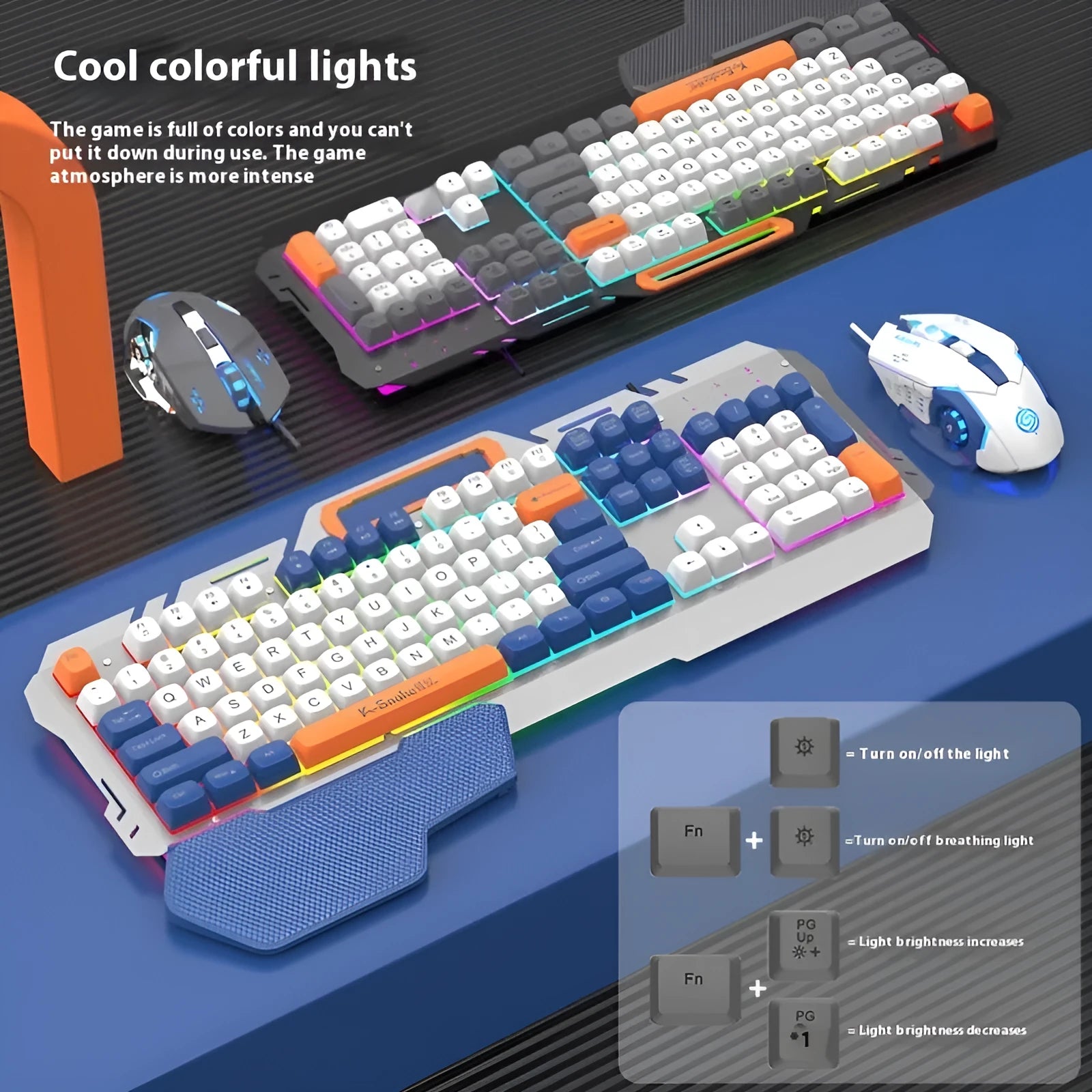 Blue wired gaming keyboard and mouse set with LED backlight on desk with 1.5 metre USB cable