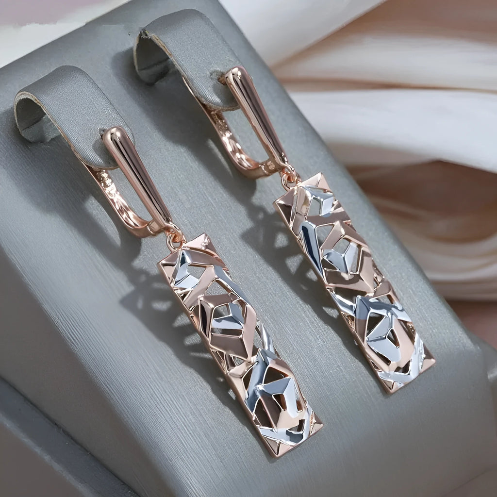 Rectangular two-tone hollow stud earrings with electroplated geometric design