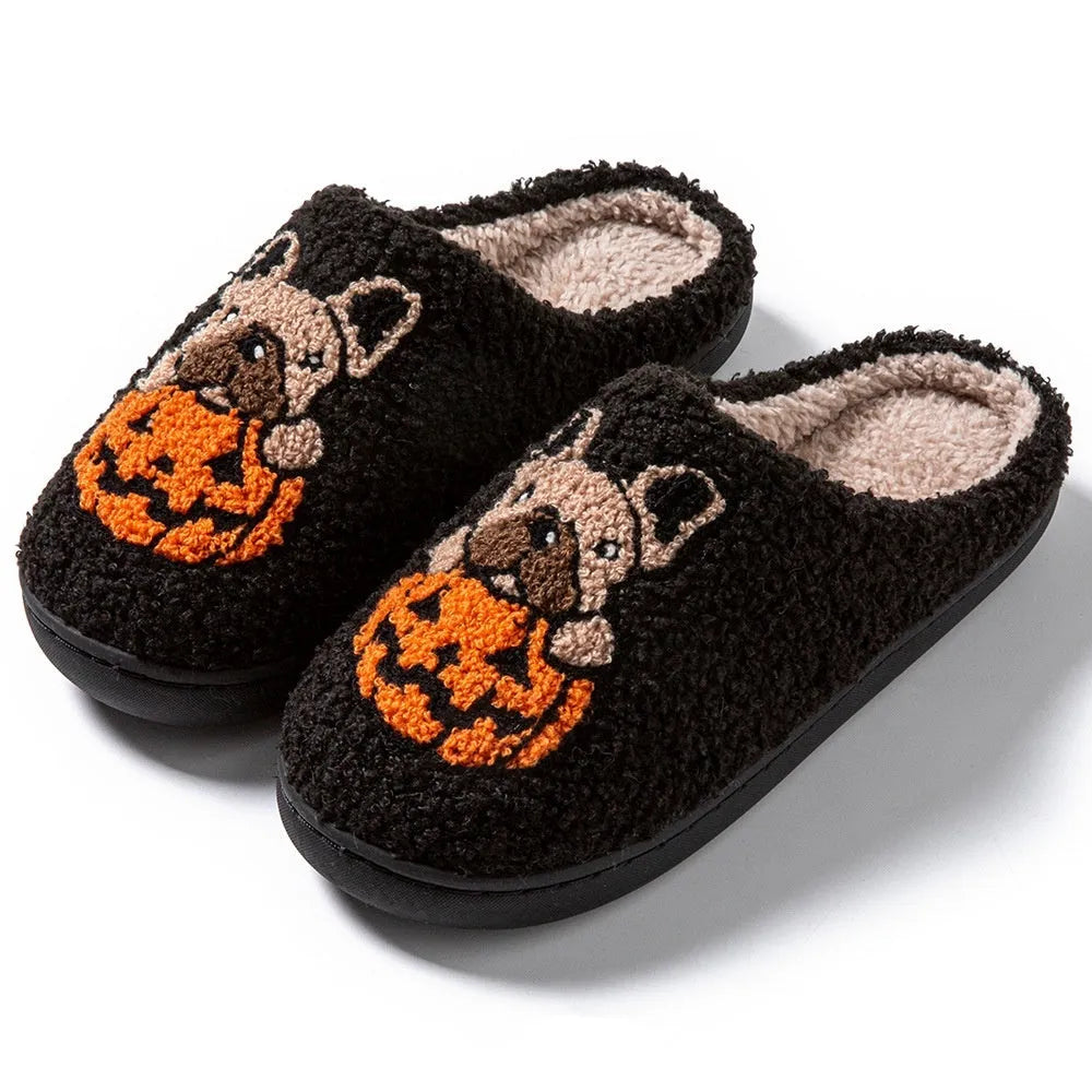 Halloween pumpkin house slippers in plush velvet with TPR memory foam soles