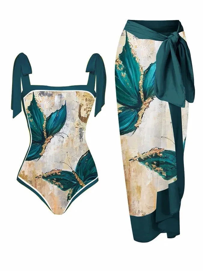 Women's floral print two-piece swimsuit with chiffon skirt in multiple colour options