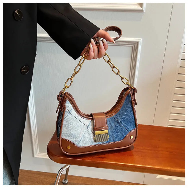 Brown denim women's bucket shoulder bag with diamond chain detailing and double straps