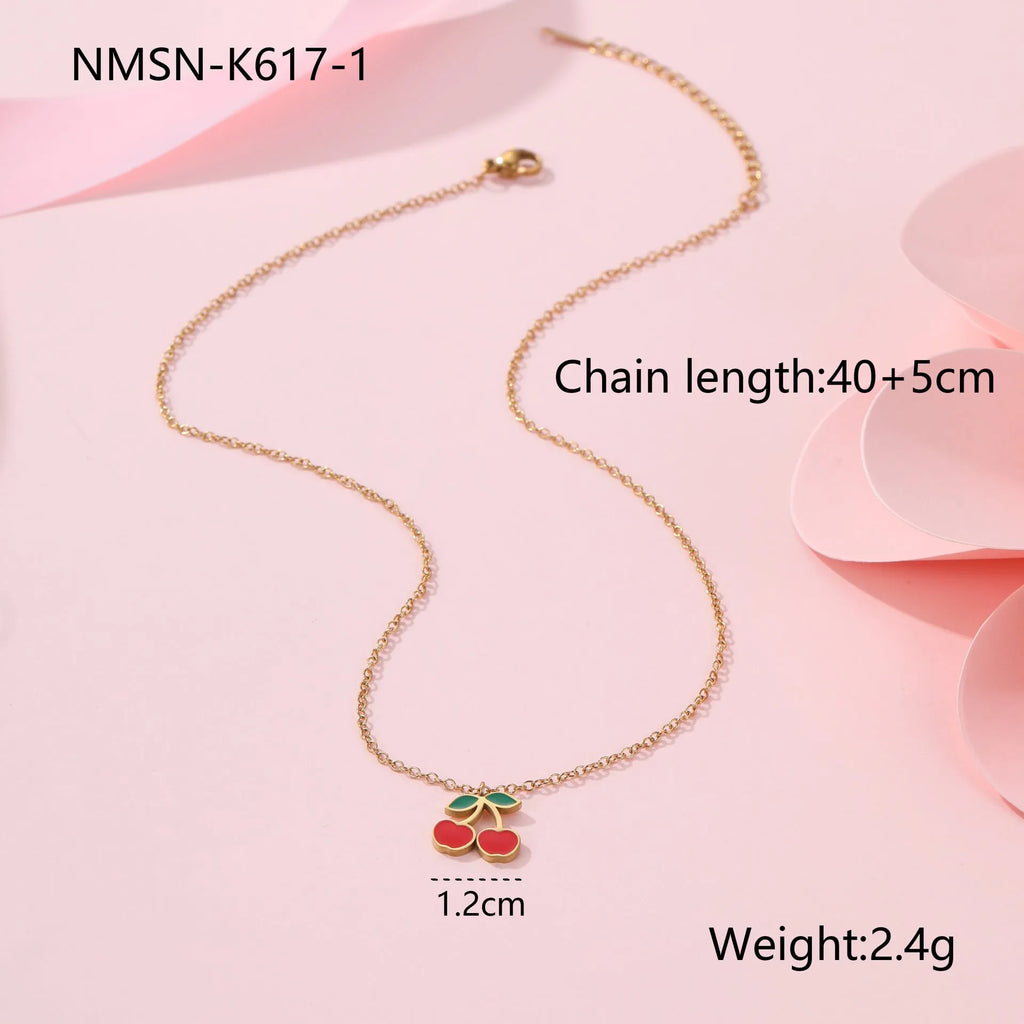 18K stainless steel cherry jewellery set with necklace, bracelet, earrings, and ring featuring geometric design
