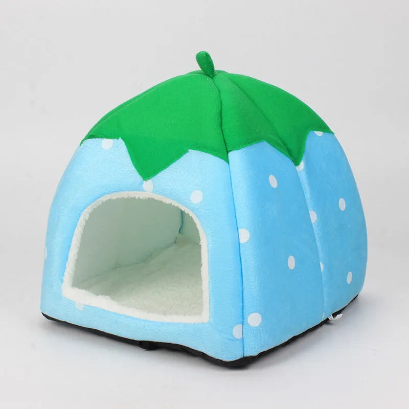 Plush strawberry-shaped pet cat nest in pink, suitable for small dogs and cats