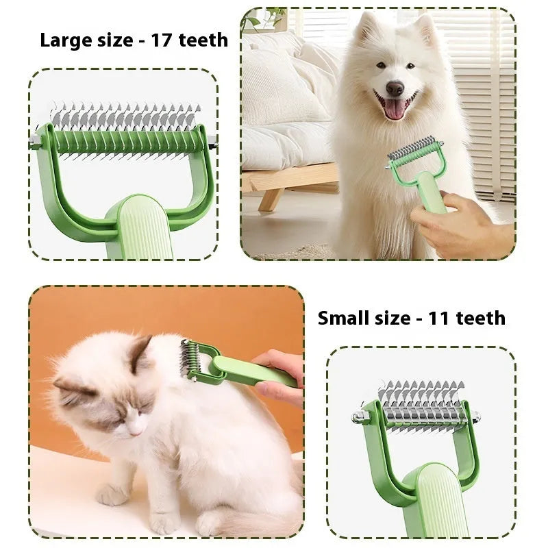 Dog grooming comb with unknotting teeth in green or grey colour, large and small size options
