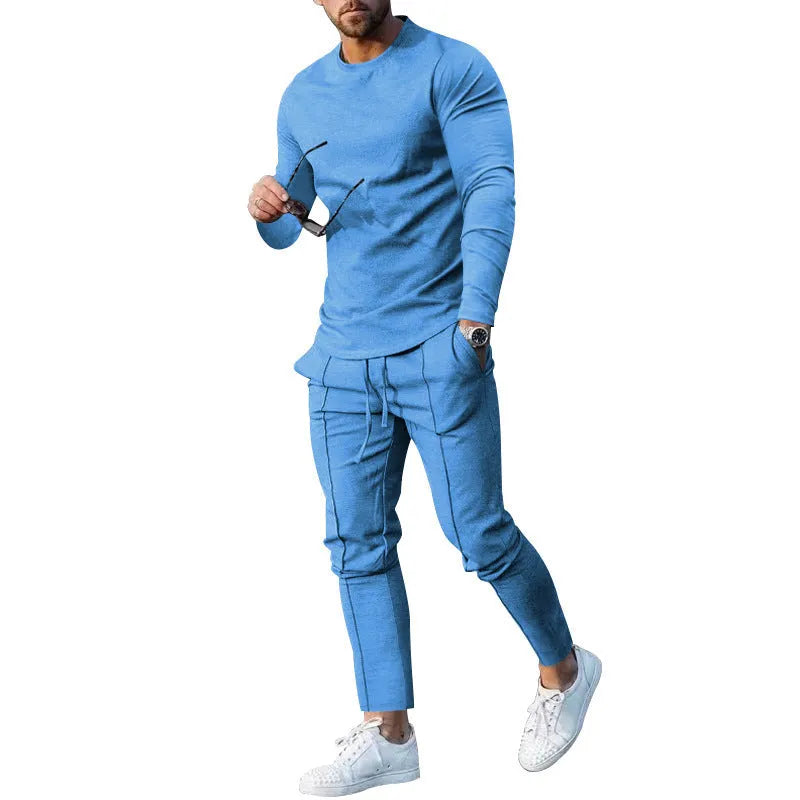 Men's light grey two-piece casual suit set with long sleeve round neck T-shirt and trousers