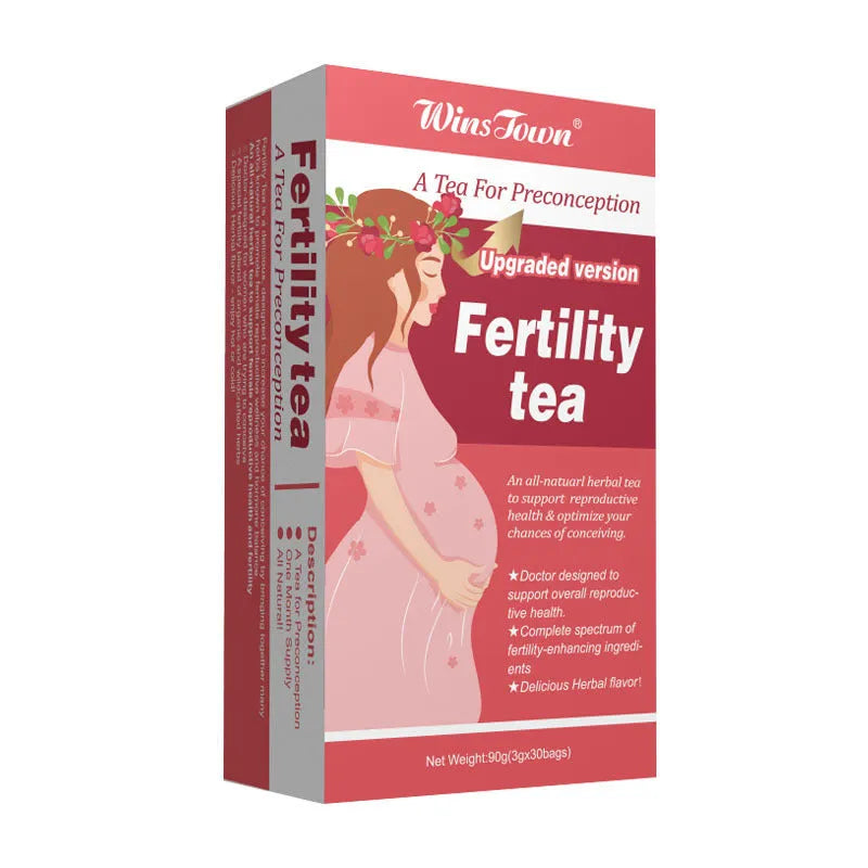 Box of fertility tea showing 3x30 bag pack configuration for herbal reproductive wellness support