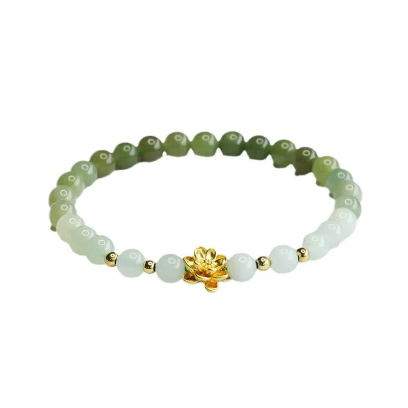 Hand-woven ancient style bracelet with Hetian jade water gradient colour and flower shape.