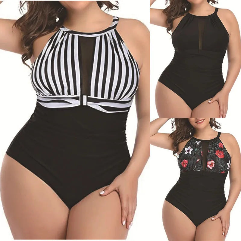 Women's black, striped, and red floral one-piece polyester swimsuit showing front view on mannequin.