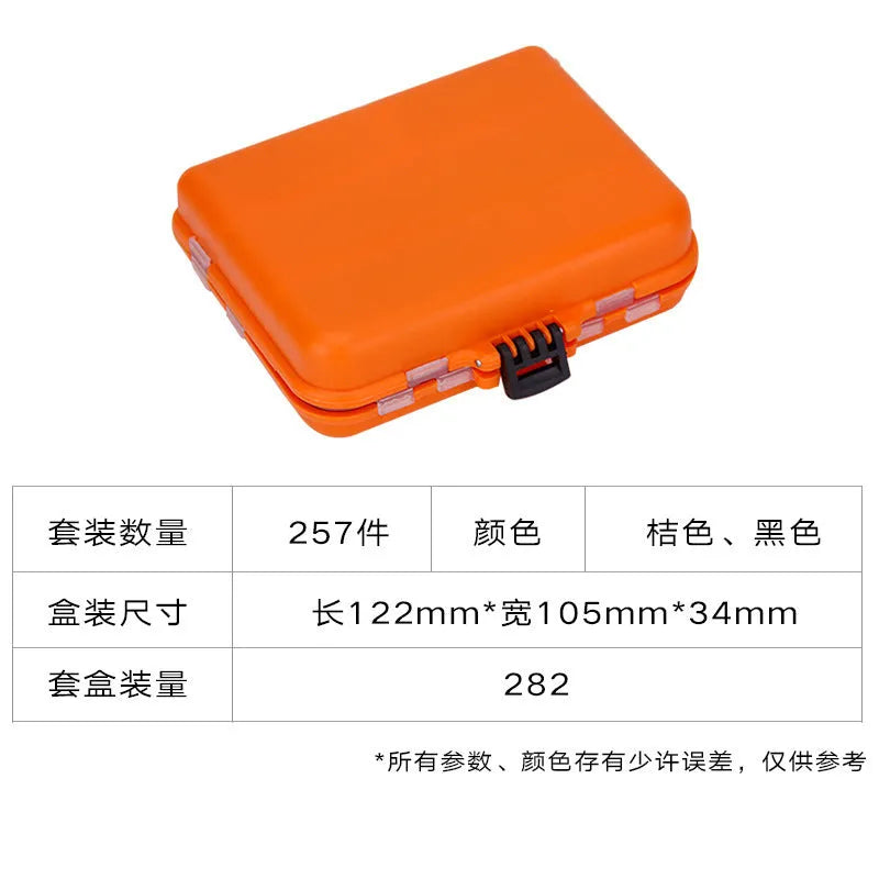 257-piece fishing lure accessories set in organised orange storage box with Texas rig, sea fishing, and rock fishing tackle