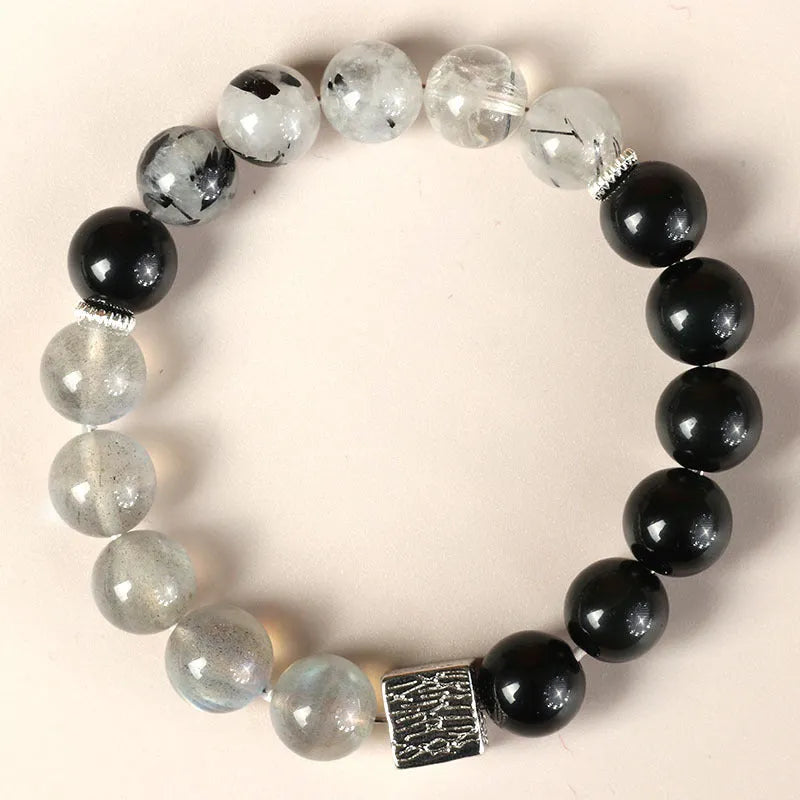 Khaki crystal couple bracelet with geometric Chinese style design measuring 10mm