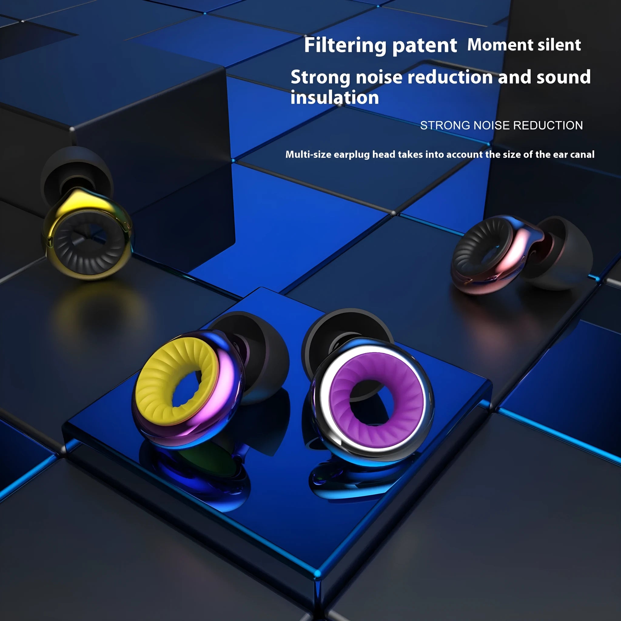 Noise reduction sleep earplugs in gold, silver, transparent, purple, and rose gold colours with a storage box