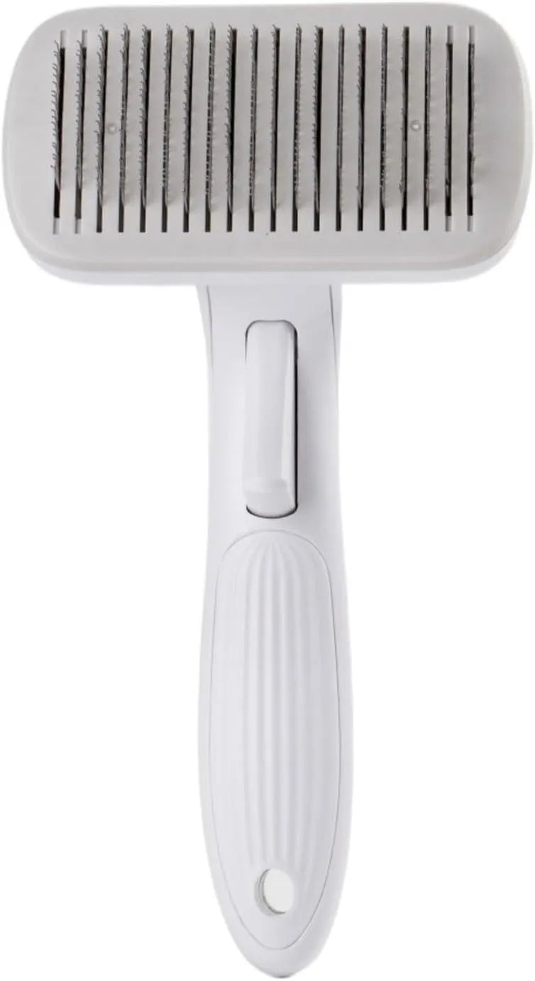 Blue automatic pet hair removal comb with a one-click button, shown on a grey background.