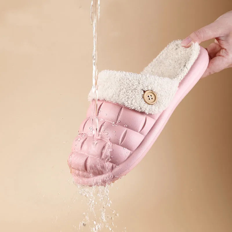 Plaid patterned detachable slippers with a warm plush lining and a textured EVA nonslip sole.